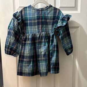Girls' Green & Navy Plaid Ruffle Shoulder Dress